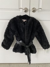 Stunning Womans Black Faux Fur Jacket Sz S W/belt & 3 Hook Close Long Sleeve Nwt