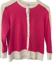 Crown  Ivy Cardigan Sweater Pink White Colorblock Button Front Long Sleeve