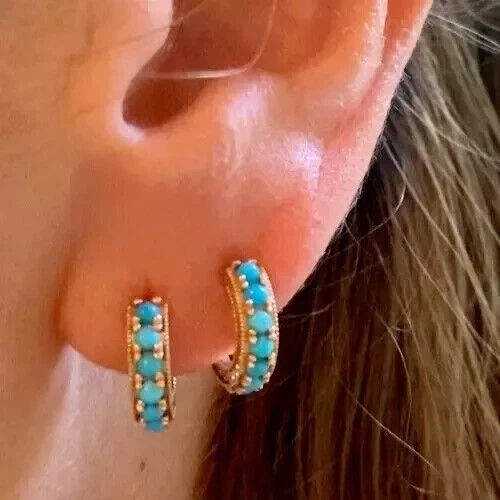 2 Ct Round Cut Lab-Created Turquoise Huggie Hoop Earrings 14K Yellow Gold Plated - Image 2 of 4