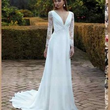 Elegant V-Neck Chiffon A-Line Wedding Dresses with Long Illusion Sleeves Gowns