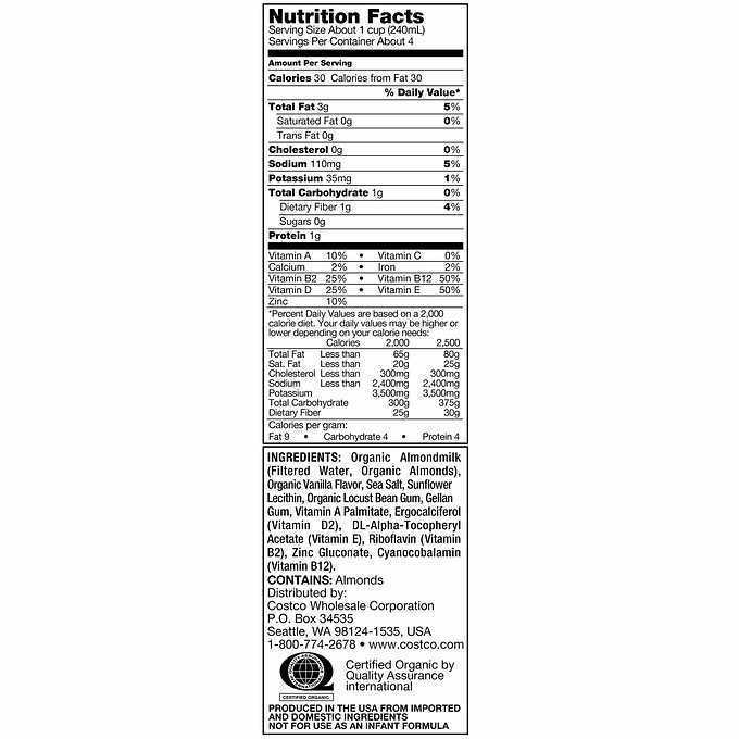 Kirkland Unsweetened Vanilla Almond Milk Nutrition Facts Blog Dandk