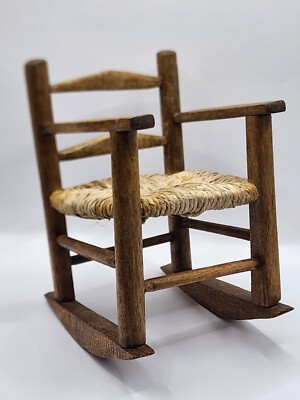 Vintage Oak Rocking Chair Rush Seat Antique Doll Display Rocker 9 