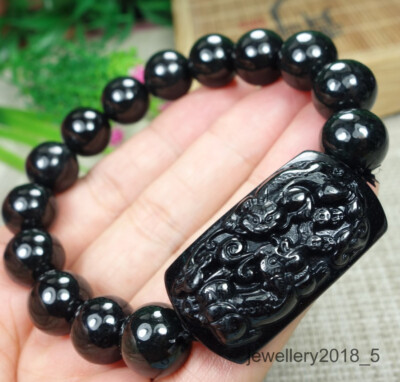 Certified  Black Burma 100% natural A jadeite jade PiXiu Bracelets 墨翠 貔貅手链