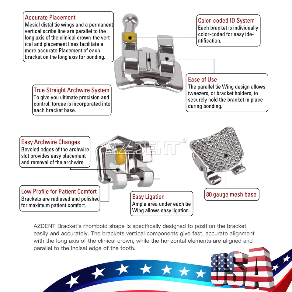10X AZDENT Dental Ortho Brackets Mini/Standard MBT/Roth 022/018 Hooks 3 4 5 - Image 3 of 4