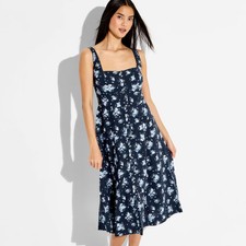 Women Button-Front Midi A-Line Dress - Wild Fable Navy Blue Floral XS