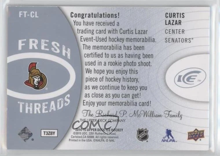 2014-15 Upper Deck Ice Fresh Threads Curtis Lazar #FT-CL Rookie RC - Image 2 of 2