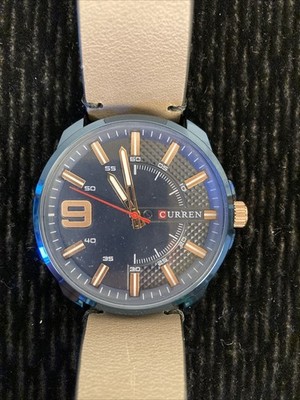 Curren M-8371 Men s Blue 47mm Analog Watch Brown PU Leather Band New NWOB