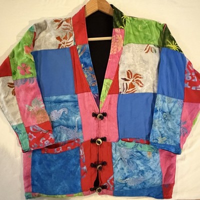 Vintage Go Fish Batik Patchwork Cropped Jacket Sz S Colorful Boho Hippie Artsy