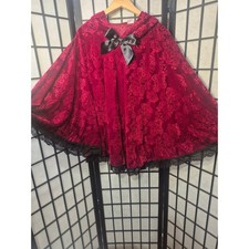 Red Velvet Damask Hooded Cape Black Lace Trim Satin Bow Gothic Victorian Cosplay