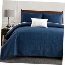 Navy Blue Quilt Set Queen Size Lightweight Bedspread Embossed Pattern Soft