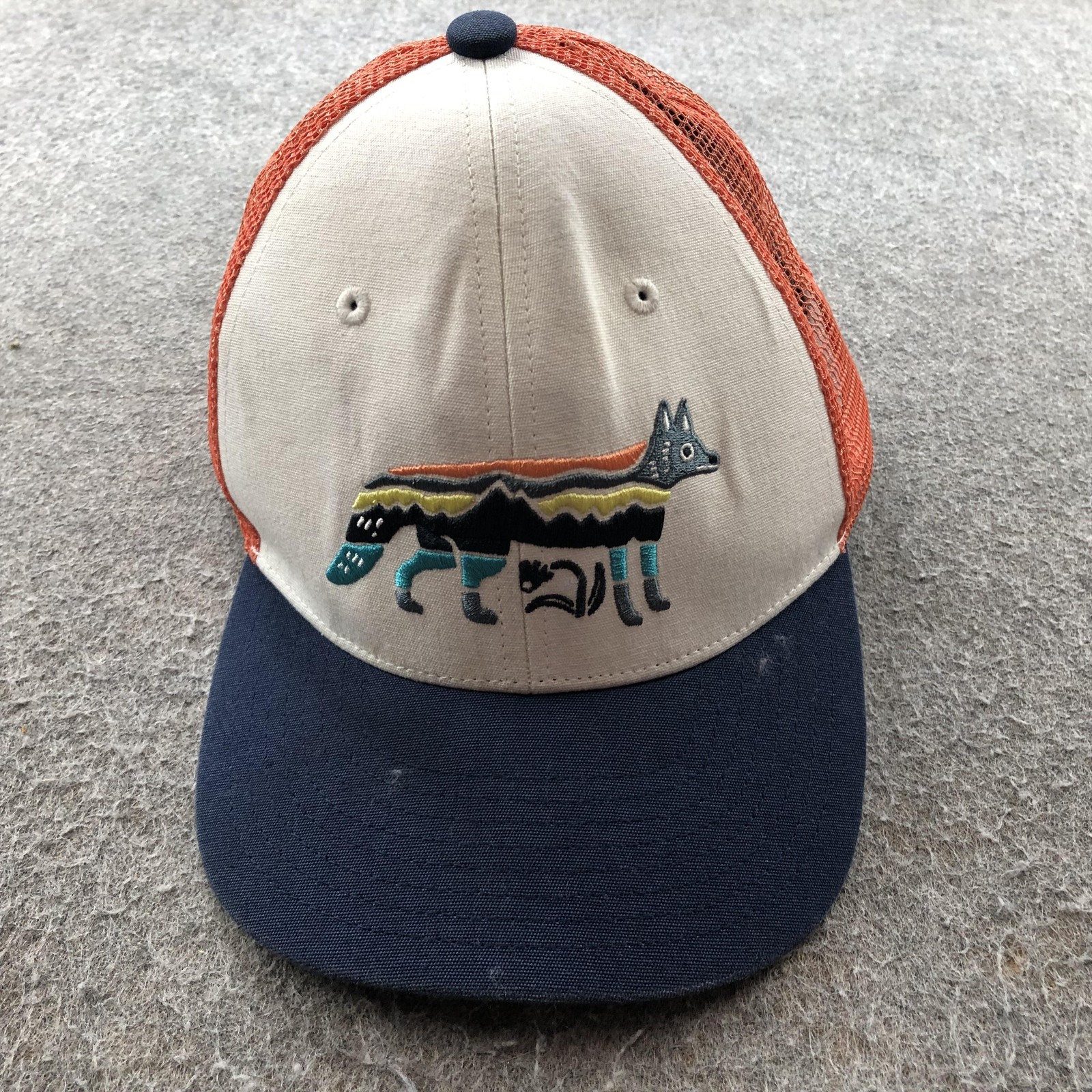 Cap Snap Back Youth One Size Tan Navy Trucker Mesh Embroidered Fox