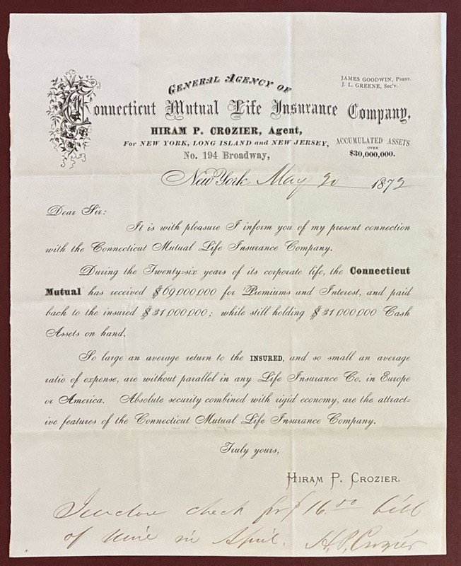 HARTFORD & NY ~ CONNECTICUT MUTUAL LIFE INSURANCE Co., NY Agent ~ Circular 1872