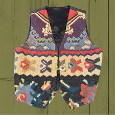 Vintage 1980 s wool kilim vest, with concha silver tone button- large