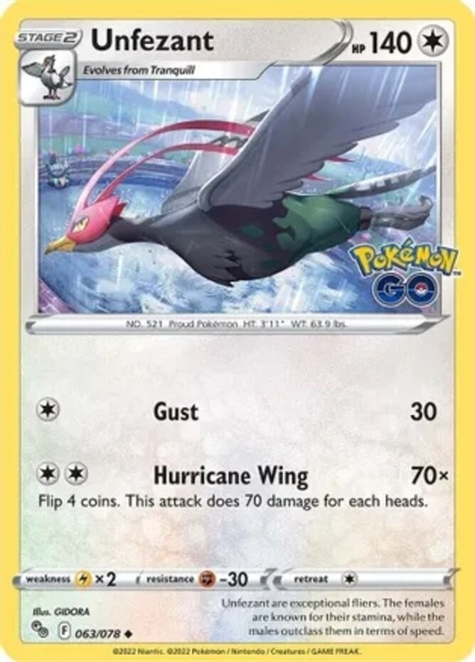 Unfezant - 063/078 - Uncommon - Reverse Holo (Near Mint) Pokemon Go - Colorless