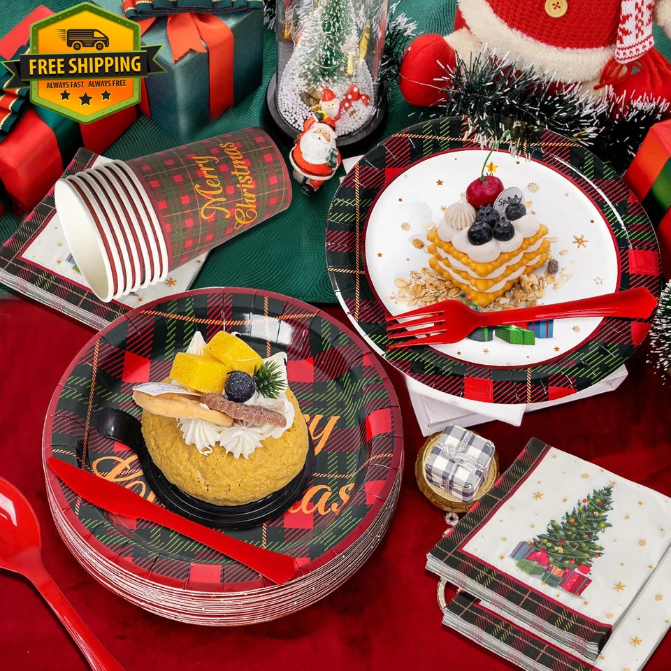 175 Pcs Christmas Dinnerware Set Disposable Paper Plates and Napkins for 25 Gues - Image 3 of 4