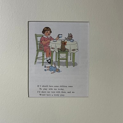 Vintage Children's Book Tea Party With Cats Matted Art Print 9x12 V4