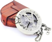 Nickel Brass Pocket Sundial Compass Camping Hiking 3 inch with Leather Box ERFT