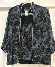ALEX EVENINGS 2 Piece Aqua  Black Silver Glitter Tank Top Jacket Set Sz L Glam