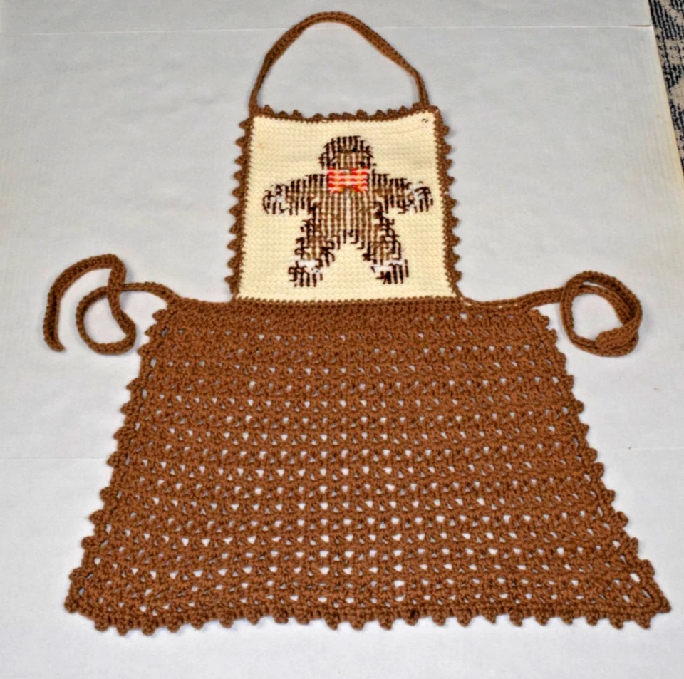 Vintage Gingerbread Man Cinnamon Brown Handmade Crocheted Apron 31.5 in OOAK - Image 2 of 4