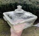 Early Pyrex 1920s Square Casserole w Lid Etched Floral Clear Glass Antique