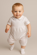 Baby Boys Off White Smocked Christening Romper - Baptism Outfit for Infants