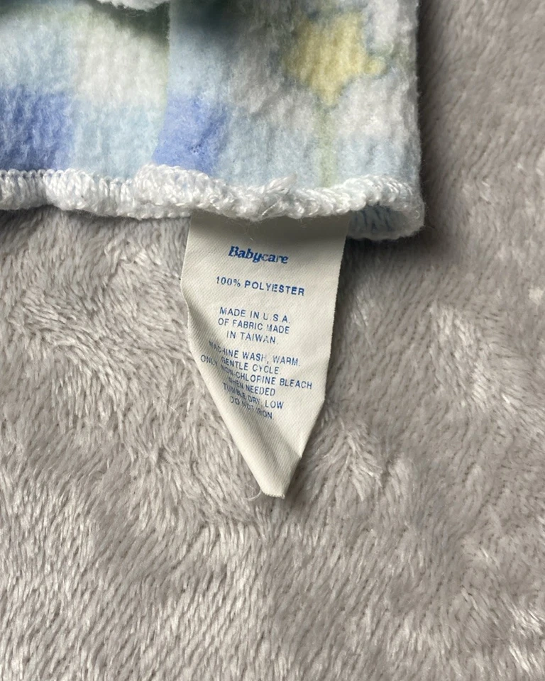 Vintage Plaid Baby Blanket Blue Checker Pastel Stars Soft Flannel Lovey USA MADE - Image 3 of 4