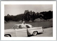 Vtg B&W Snapshot Man In Classic Desoto Car Lake Sylvan Black Hills SD 1950s
