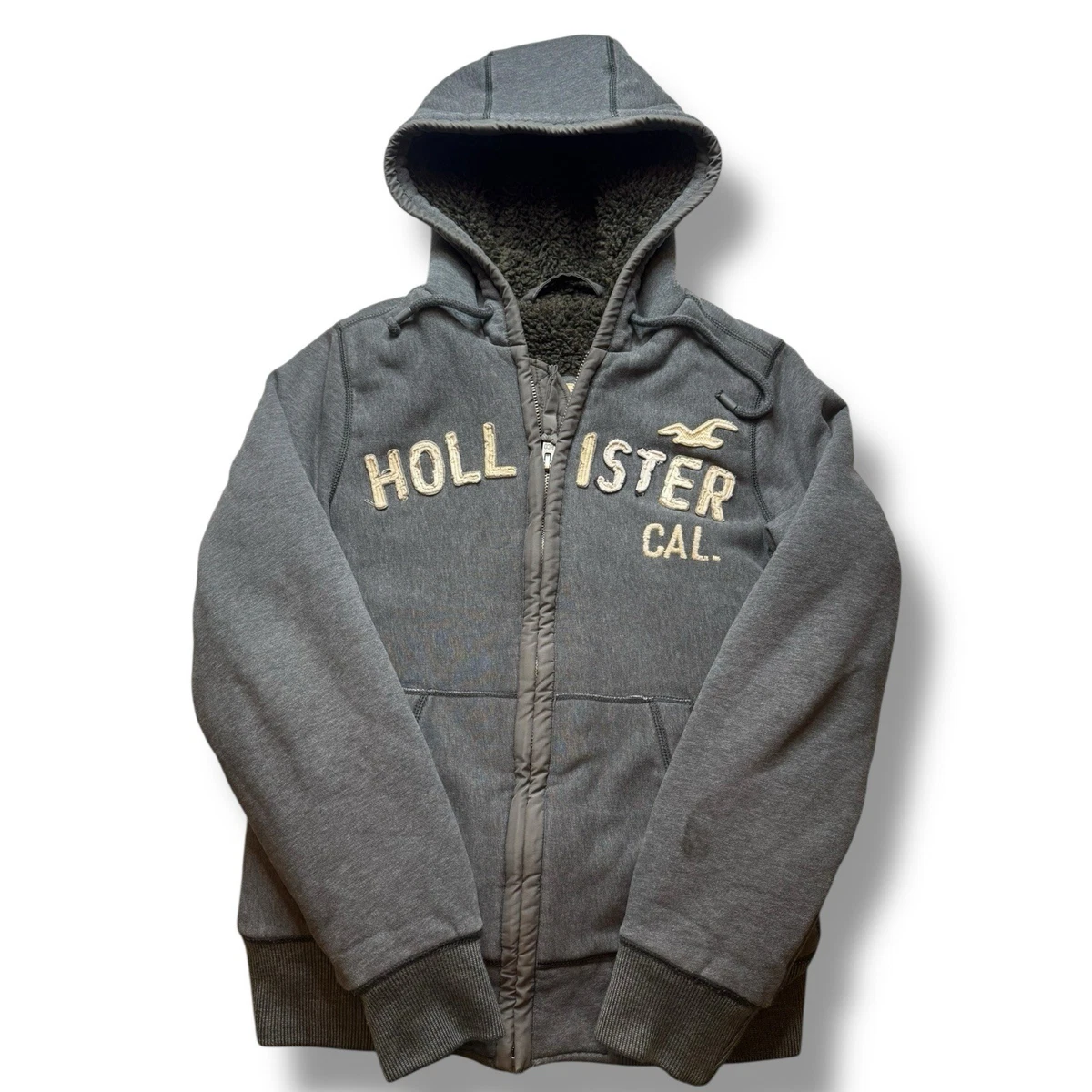 Hollister Faux Fur Lined Hoodie Mens Medium Full Zip Spellout Y2K
