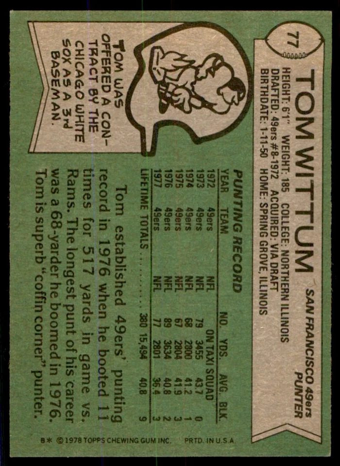 1978 Topps Tom Wittum b San Francisco 49ers #77 - Image 2 of 2