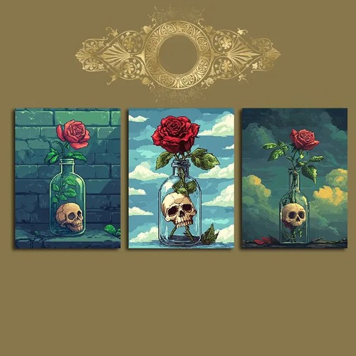 3pcs Skull Rose Vase White Clouds Metal Print Ready to Hang Art - Picture 2 of 7