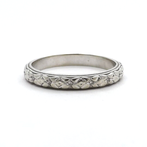 Art Deco 14k White Gold Dogwood Flower Repousse Wedding Band Ring - Picture 1 of 4