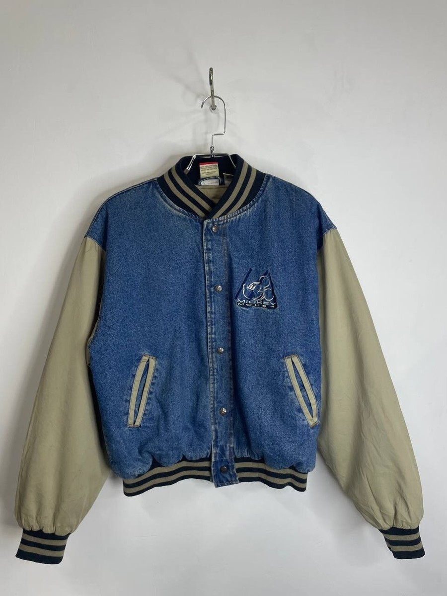 Vintage Mickey Mouse Denim Varsity Jacket Blue & Beige Size