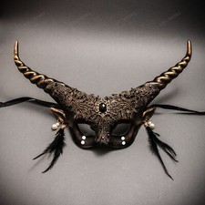Women Fairy brocade lace Masquerade Ball Mask w/ Horns Halloween Dress up Gold