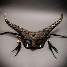 Women Fairy brocade lace Masquerade Ball Mask w/ Horns Halloween Dress up Gold