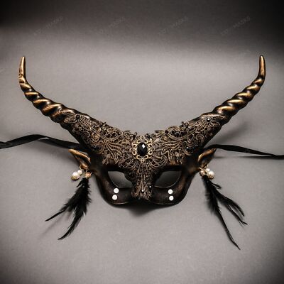 Women Fairy brocade lace Masquerade Ball Mask w/ Horns Halloween Dress up Gold