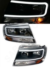 Set Of Pair Black Headlights W Led C-bar For 1999-2004 Jeep Grand Cherokee