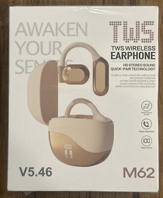 NIB TWS M62 Wireless Earphone V5.46 HD Stereo Sound Gold Quick Pair Free S/H!