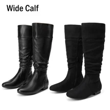 Women's Wide Calf Knee High Pull On Fall Weather Low Heel Winter Boots