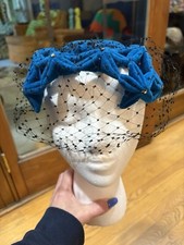 Vintage 1950s Blue Velour Stars Black Netting Hat With Embellishment Italy