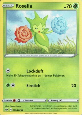   Pokemon Sammelkarte Karte TCG Schwert und Schild Basis Roselia 3/202 deutsch