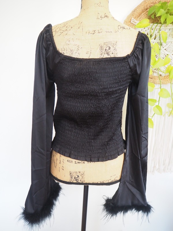 Satin Black Faux Fur Long Sleeve Sexy Smocked Stretch Party Club Blouse Sz M NWT