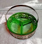 VINTAGE ANCHOR HOCKING VASELINE GLASS 3 PART RELISH DISH WITH METAL CARRIER