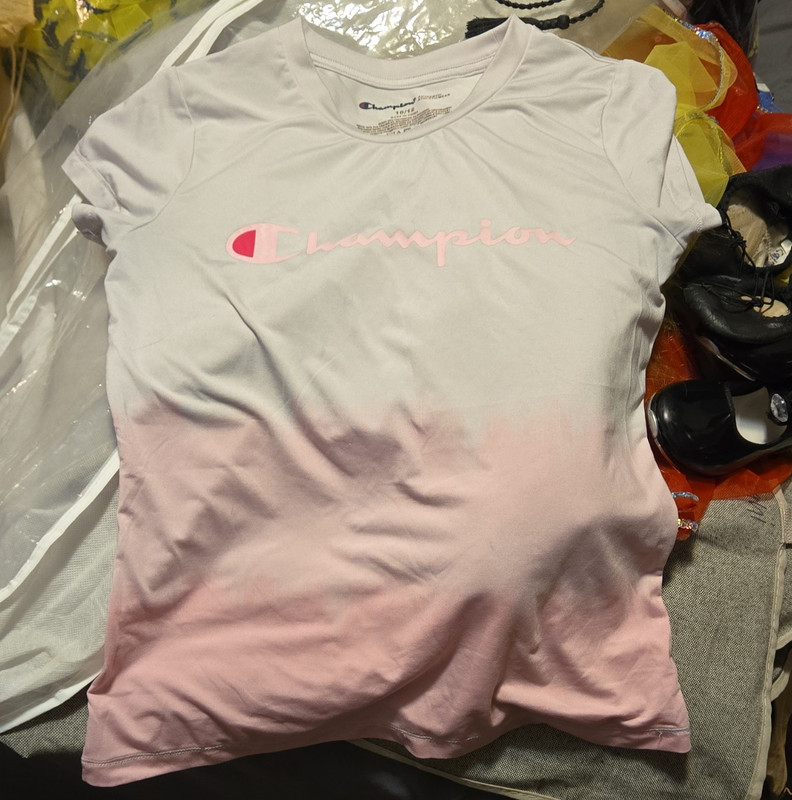 Champion Girls Ombre Logo T-Shirt White/Pink Crew Neck Short Sleeve 10/12