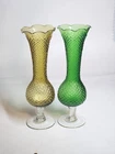 Fenton 8" Glass Vase Lot Diamond Pattern 2 Piece 1 Amber & 1 Emerald Green