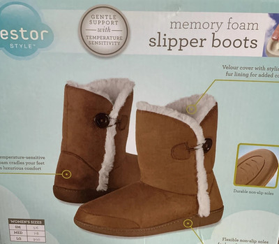 Restor Style Memory Foam Slipper Boots Brown Size Small Womens 5-6 Non Slip Sole
