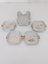 Vintage Lefton Gold Wheat Set of 4 Ceramic Personal Ashtrays with Holder #40124