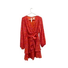 Joie Orange Pink Floral Print Wrap Ruffle Tiered Long Sleeve Dress Size Large