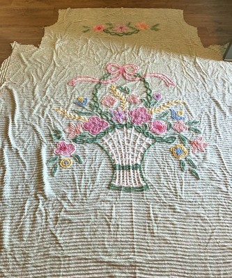Vintage Mint Green Chenille Bedspread Cutter Flower Basket Bow Craft Fabric Pane