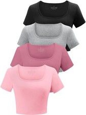 Kole Meego Women's Square Neck Crop Tops 4 Pack - Workout, Gym, Summer, Trendy