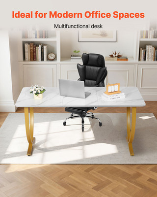 Executive Desk - Modern 63'' Large Office Desk, White & Gold - Stylish Computer T